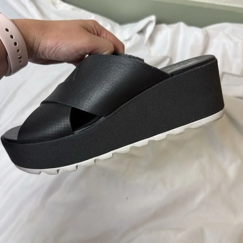 Sorel Cameron Flatform Mule Sandals Platform Leather Black Quiet Luxury Size 9